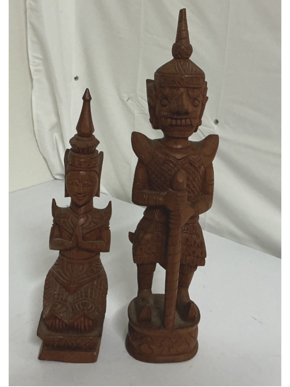Vintage Hand Carved Thai Teak Wood Temple GuardianPraying Lady Figures.13” & 17”